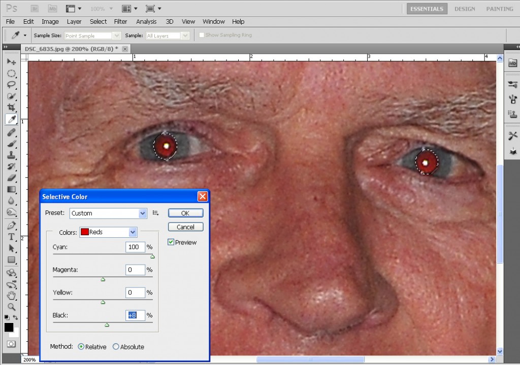 Reducing red eye with Selective Color